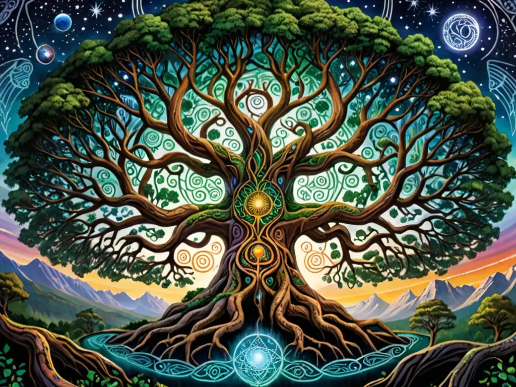Yggdrasil: El Árbol del Mundo en todo su esplendor Imagen detallada de Yggdrasil, el Árbol del Mundo, en un bosque exuberante, evocando conexiones cósmicas de la mitología nórdica