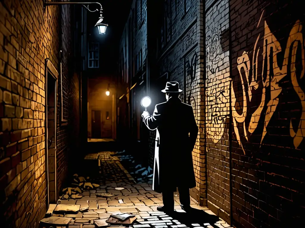 En la imagen, un detective examina un símbolo en un callejón oscuro, rodeado de grafitis de criaturas míticas y figuras legendarias