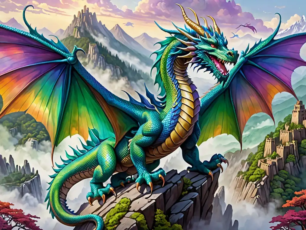 Imagen digital de un dragón majestuoso con escamas iridiscentes, ojos penetrantes y alas desplegadas, en un paisaje de montañas y ruinas antiguas, evocando mitos y criaturas legendarias en un universo fantástico