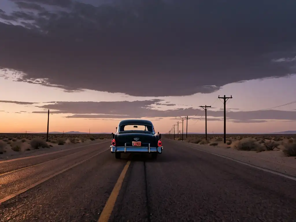 Fantasma en la Ruta 66: Misterio al Atardecer Una imagen documental de la desolada Ruta 66 al atardecer, con un coche vintage y la misteriosa silueta de una figura