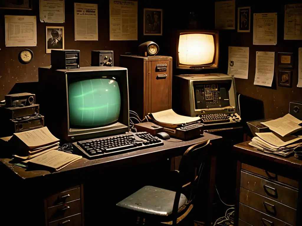 Imagen documental de una habitación tenue con un ordenador vintage iluminado por leyendas inquietantes de Internet, evocando fascinación por lo oscuro