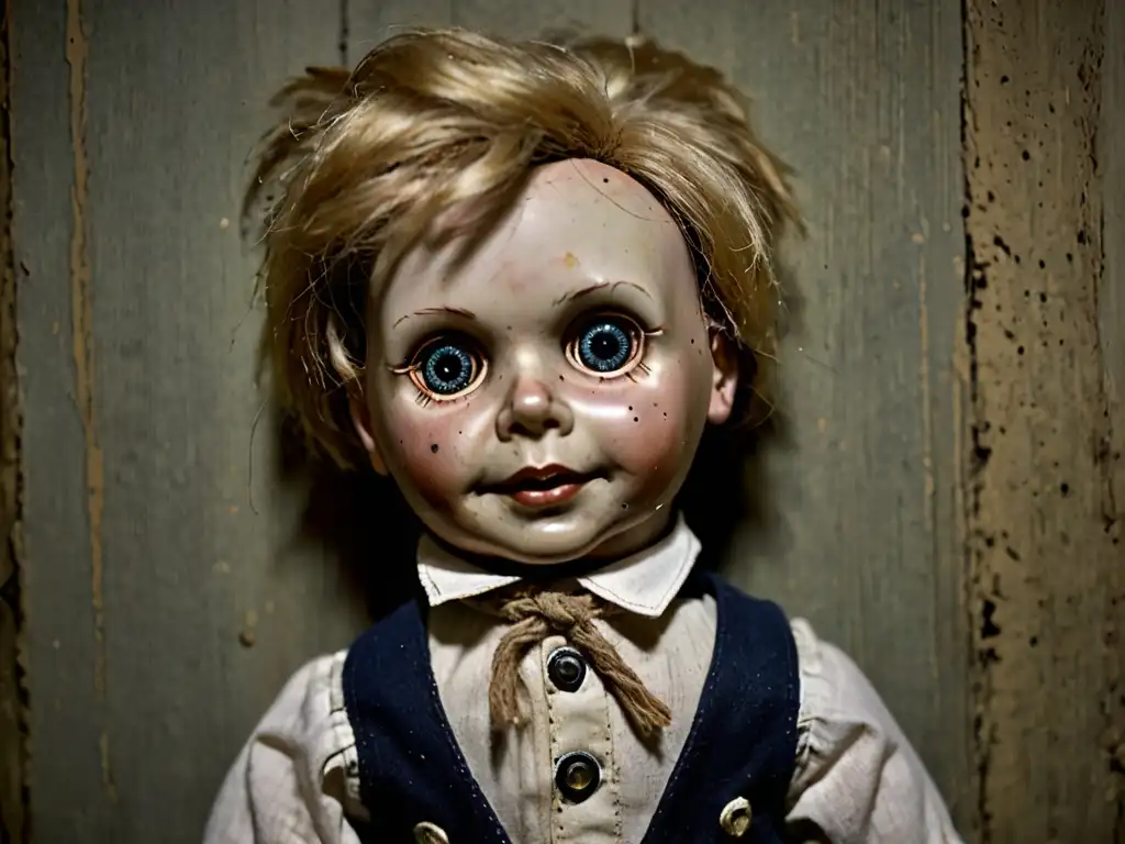Una imagen documental de alta resolución de la infame Maldición de Robert the Doll, mostrando sus inquietantes y realistas características