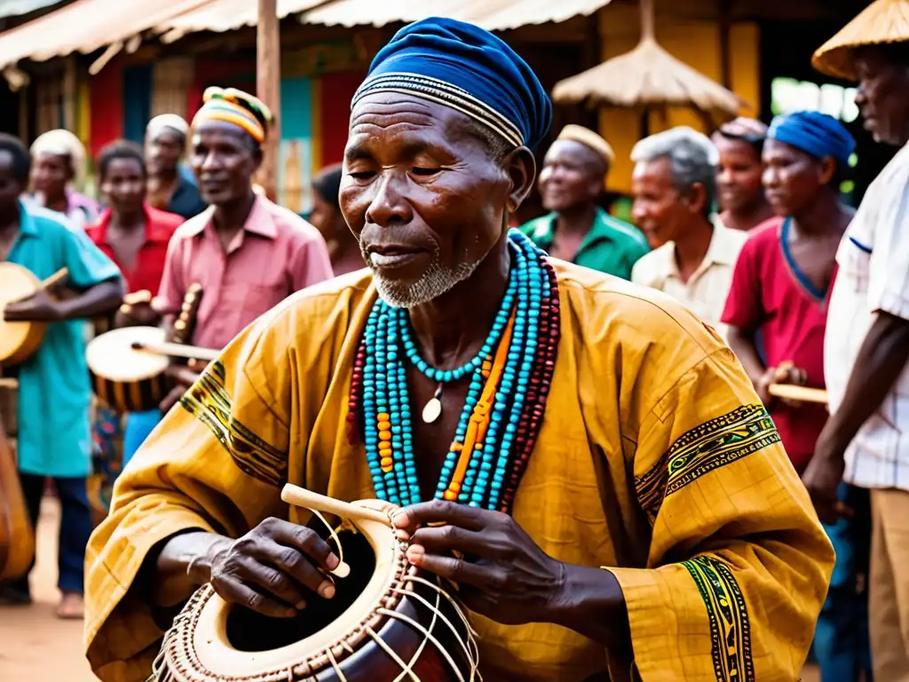 Melodías cautivadoras: Músico tocando el Kora en mercado Mandinga Imagen documental de un músico tocando un Kora en un bullicioso mercado mandinga, evocando la tradición del instrumento musical folklore mandinga