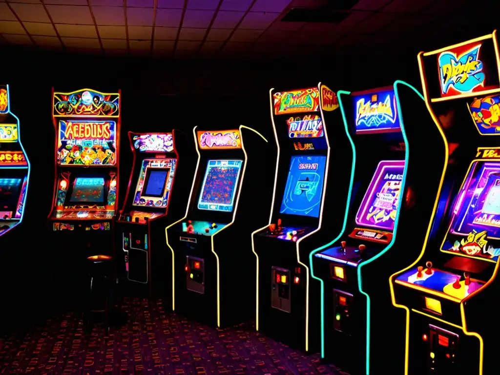 Imagen documental de una sala de arcade de los años 80, con misterioso brillo y jugadores concentrados, evocando el misterio de Polybius Arcade