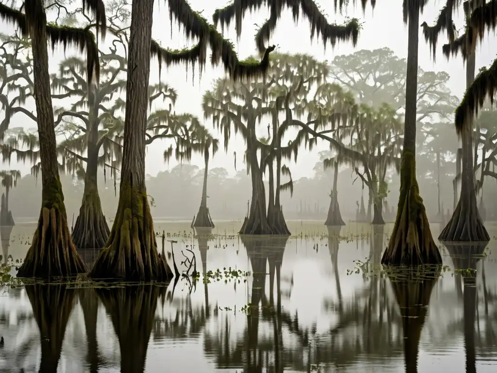 Imagen etérea de un denso y exuberante humedal envuelto en niebla, con árboles de ciprés retorcidos y musgo español