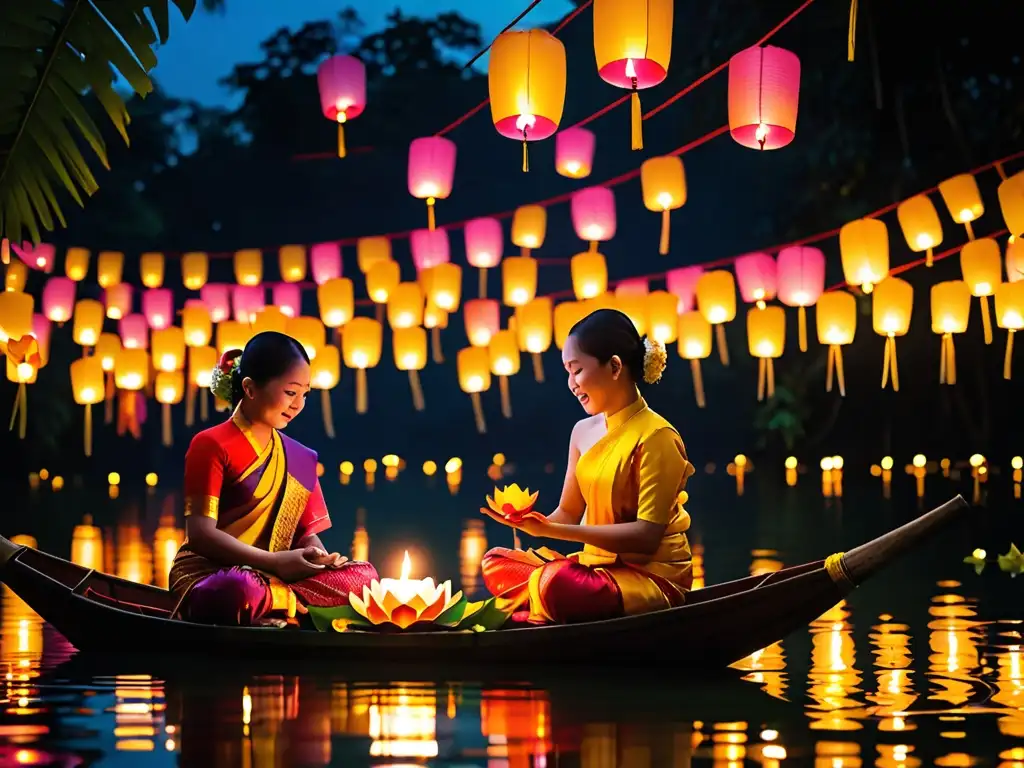 Imagen del Festival Loy Krathong en Tailandia: krathongs flotando con velas, linternas coloridas y atmósfera serena
