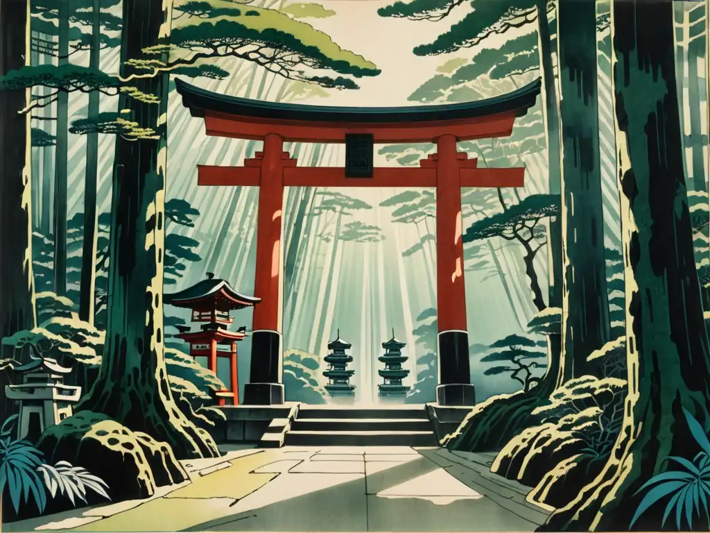 Imagen de un grabado detallado de un santuario Shinto en un bosque cubierto de musgo, con luz solar filtrándose a través de los árboles antiguos