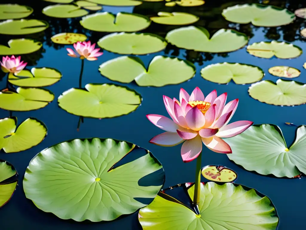 Imagen de alta resolución de una hermosa flor de loto en un sereno estanque, reflejando el cielo azul