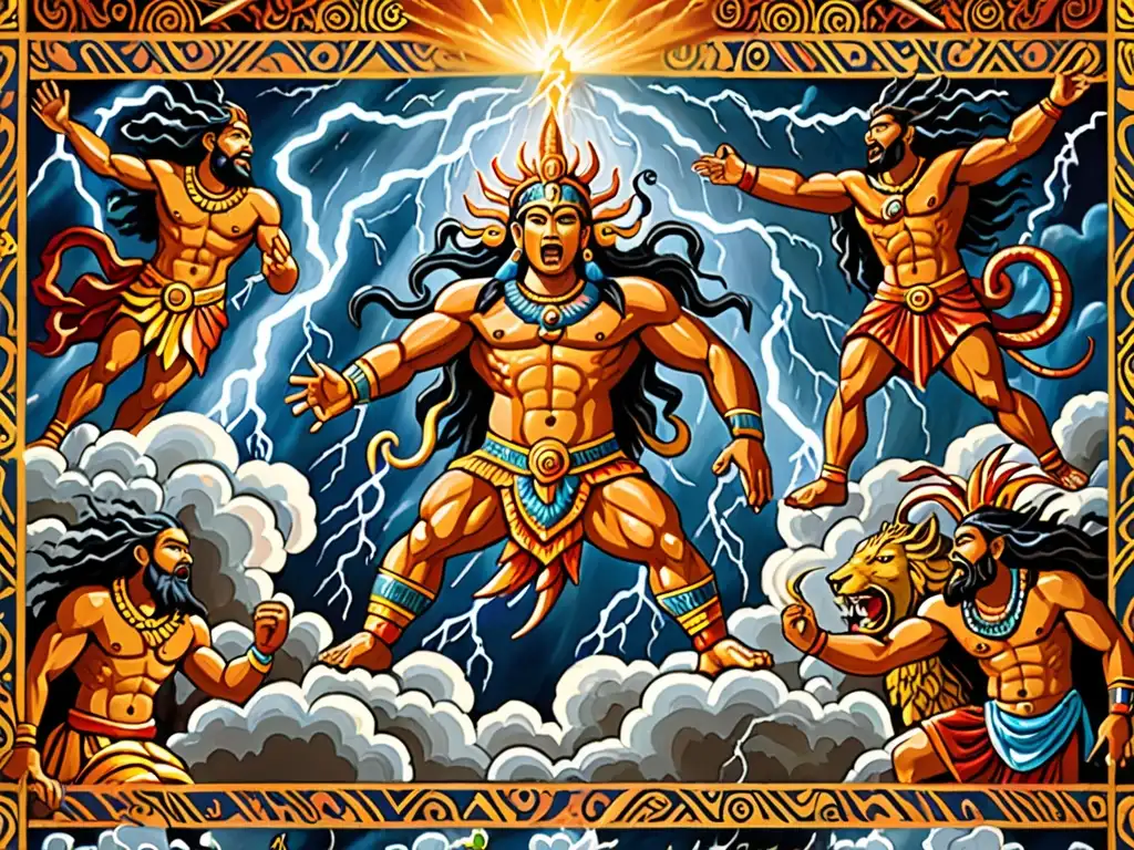 Imagen impactante de un antiguo mural con dioses y criaturas míticas, rodeados de nubes y relámpagos