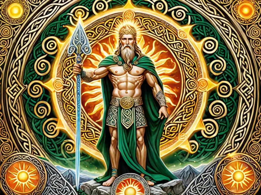 Imagen impactante de Lugh, dios celta del sol, con armadura detallada, mirada intensa y aura dorada