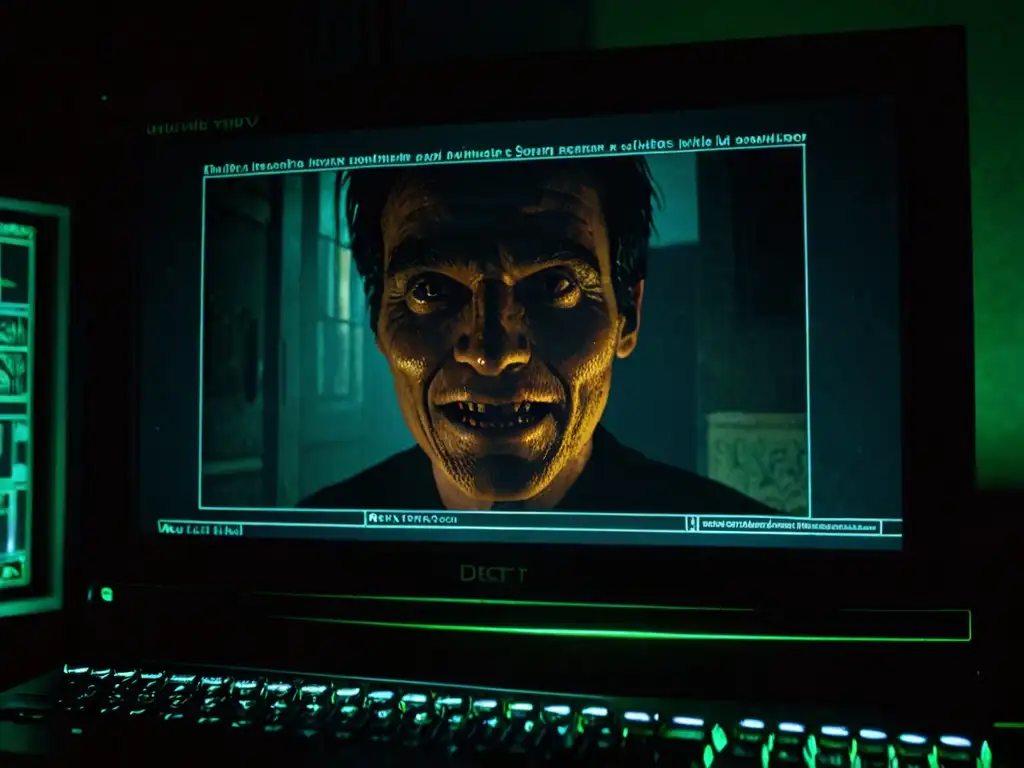Una imagen impactante de 'El Hombre Sonriente' en la pantalla de un ordenador, iluminando la habitación con un aura inquietante