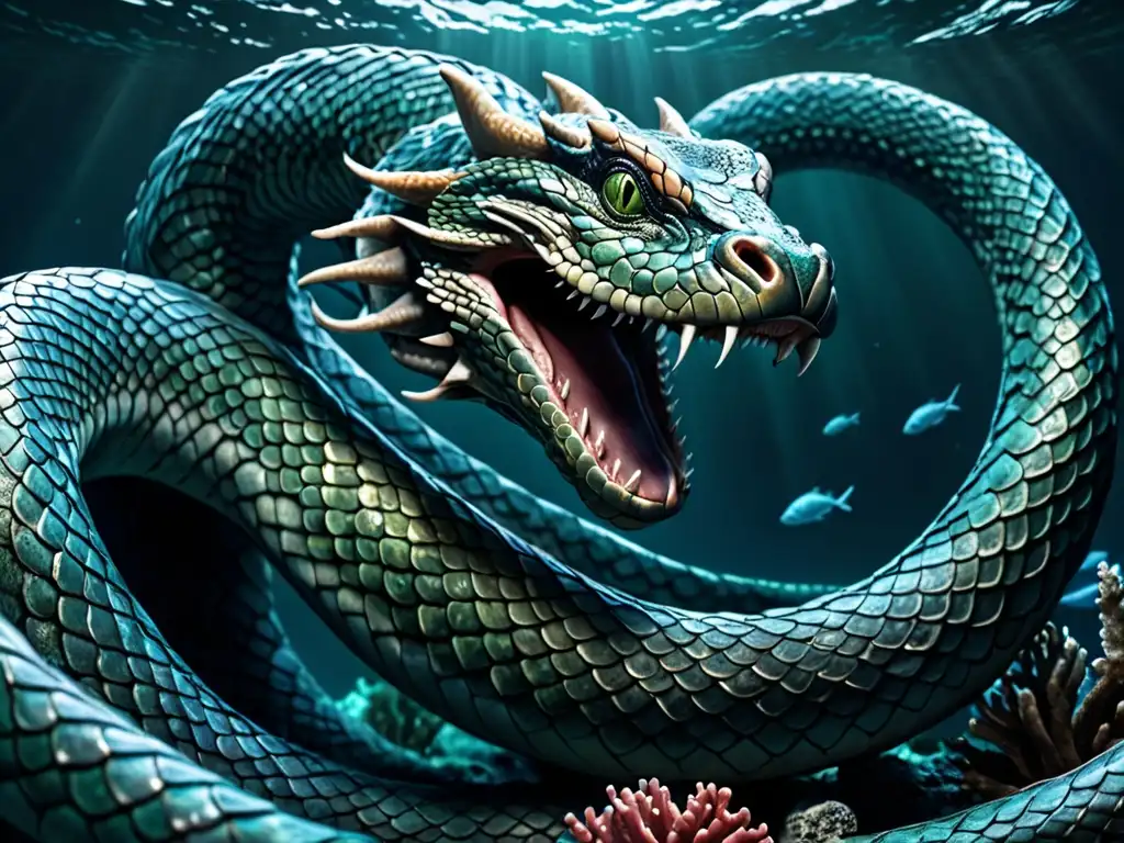 Imagen impactante de Jormungandr, la serpiente mítica del océano de Midgard, en un retrato realista y asombroso