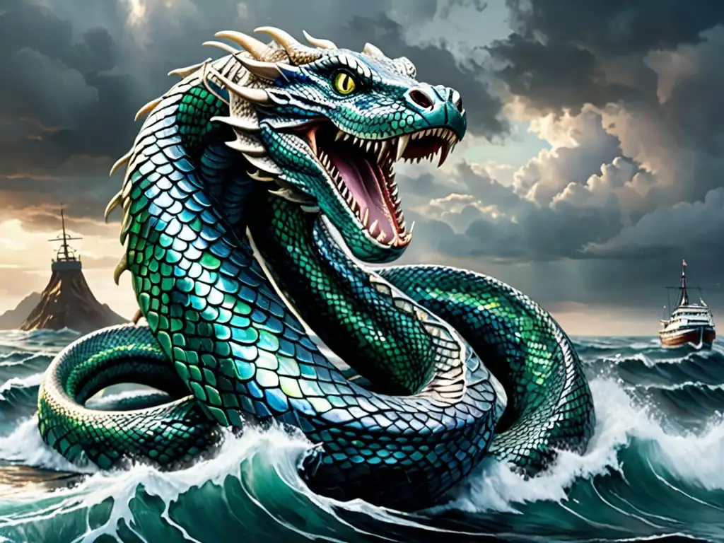 Imagen impactante de Jormungandr, la serpiente del océano Midgard, con escamas iridiscentes, dominando el mar tumultuoso