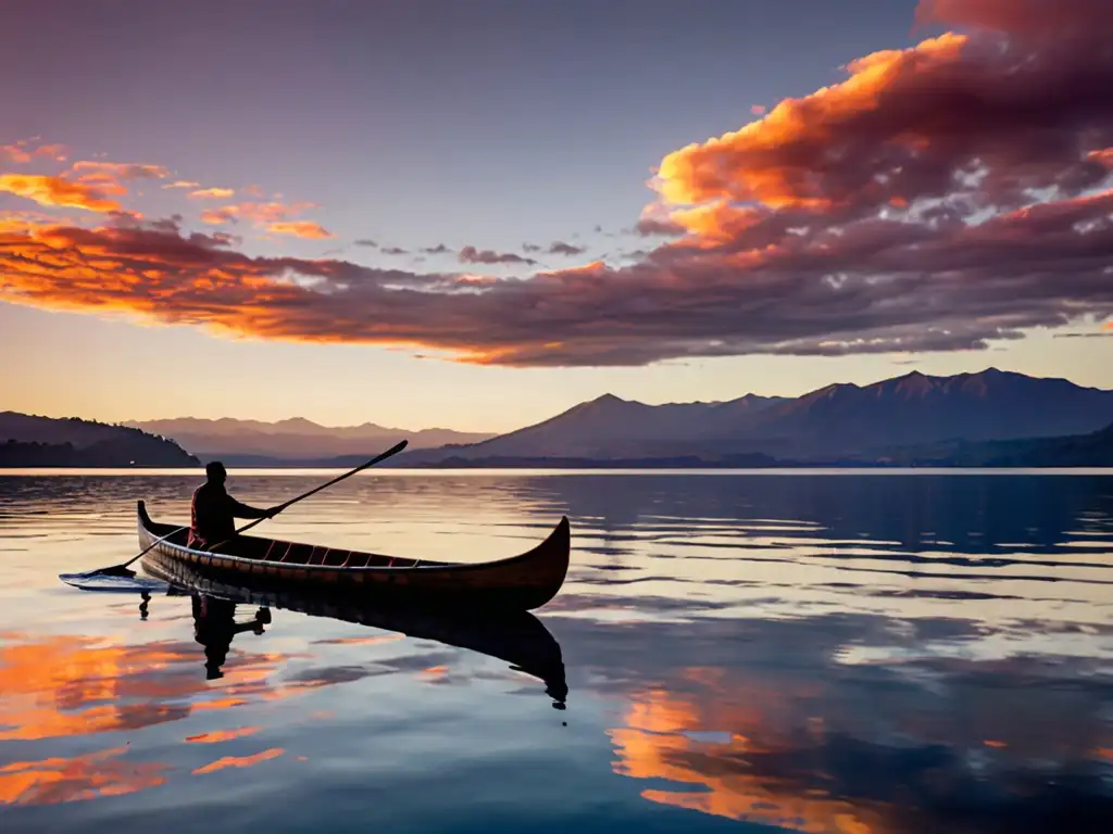 Imagen impactante del Lago Taupo al atardecer, reflejando la cultura maorí y sus creencias en la reencarnación