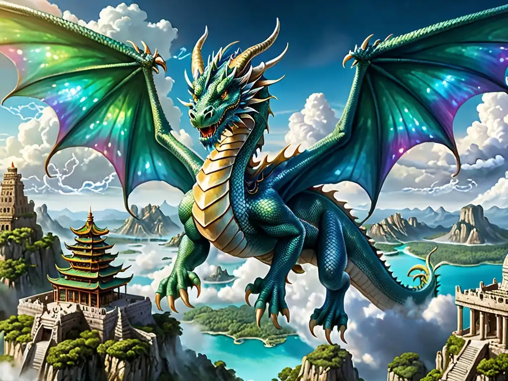 Imagen impactante de un majestuoso dragón en un paisaje mágico con islas flotantes y ruinas antiguas