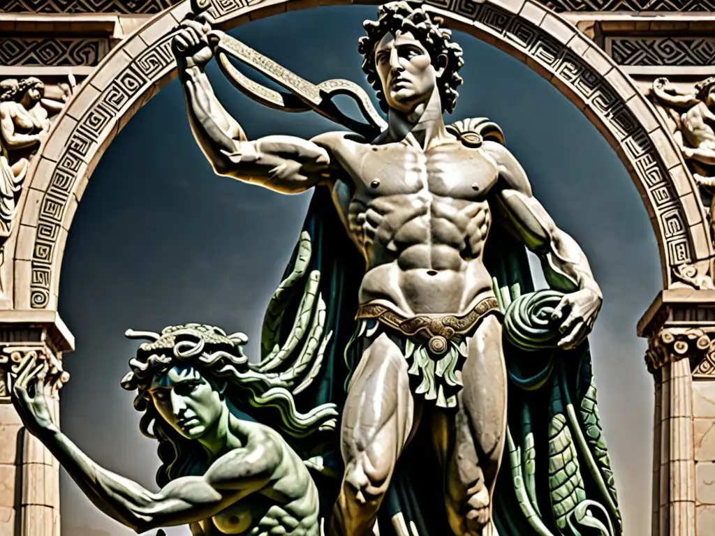 Imagen impactante del mito de Perseo, donde el héroe vence a Medusa con determinación y dramatismo, destacando cada detalle