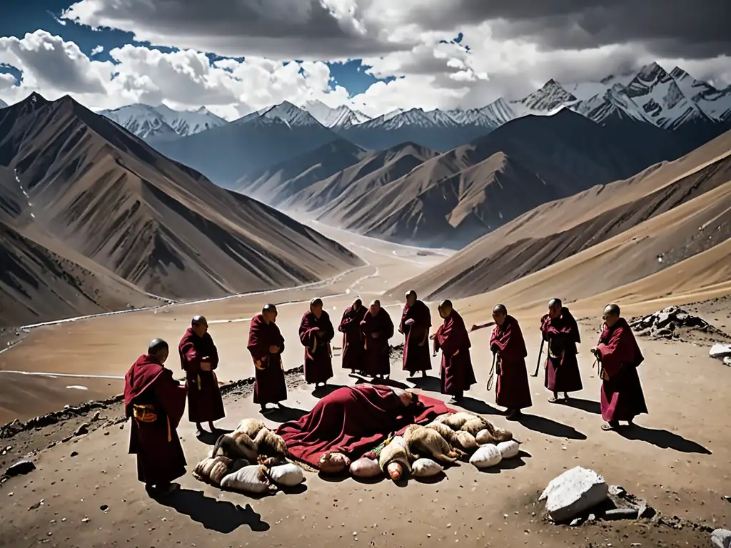 Imagen impactante de un ritual funerario tibetano en la cima de una montaña remota