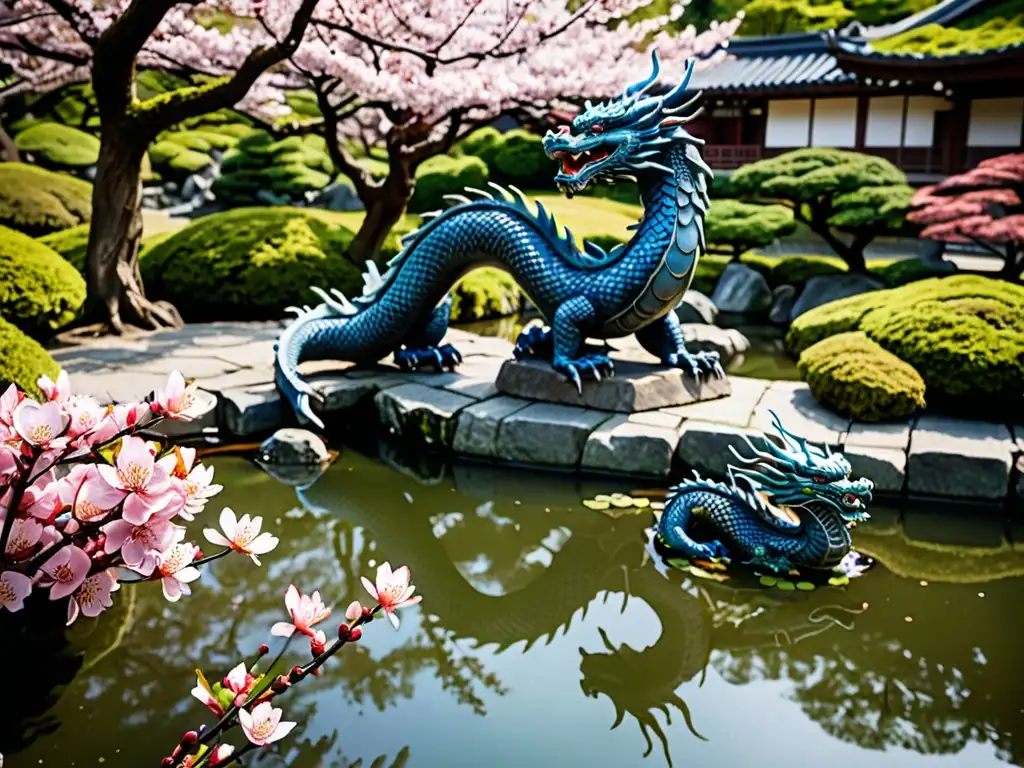 Imagen impactante de un sereno estanque japonés con un majestuoso dragón, evocando el poder y misterio de las deidades acuáticas dragones japoneses