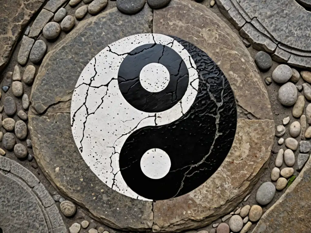 Una imagen impactante de un símbolo yinyang pintado en una superficie de piedra desgastada, iluminada por una suave luz natural