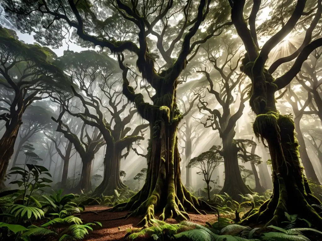 Imagen impresionante de un antiguo bosque envuelto en niebla, con árboles imponentes y una atmósfera de eternidad