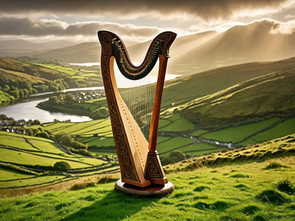 Arpa de Dagda: misterio y encanto en la verde Irlanda Imagen impresionante del Arpa de Dagda, una antigua arpa irlandesa con diseños celtas, en un escenario mágico de colinas verdes y luz cálida