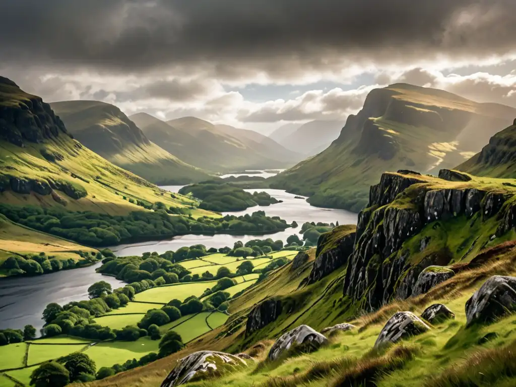 Imagen impresionante de las Tierras Altas de Escocia, con montañas brumosas y exuberante vegetación
