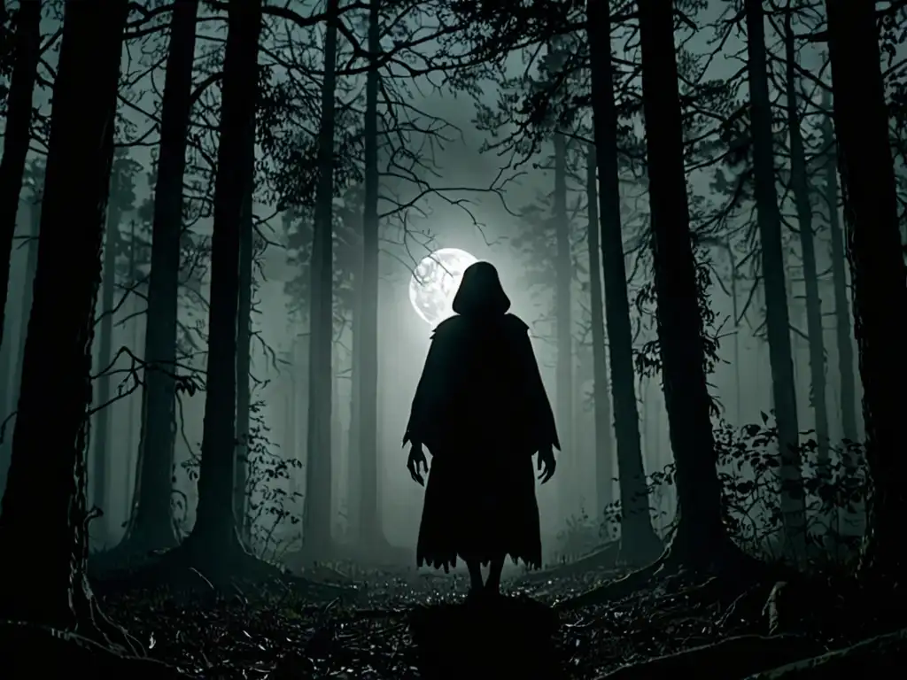 En la imagen se ve la inquietante leyenda de la Dama de los Ojos Vacíos, con una figura misteriosa entre árboles en la noche neblinosa