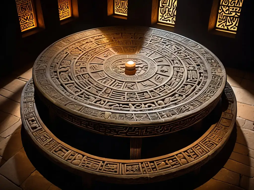Imagen de la legendaria Mesa de Salomón, artefacto mágico, con intrincados grabados y símbolos misteriosos, en una cámara iluminada tenue