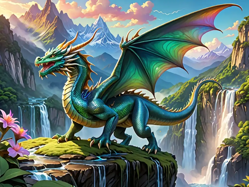 Imagen de un majestuoso dragón con escamas iridiscentes surcando un paisaje místico