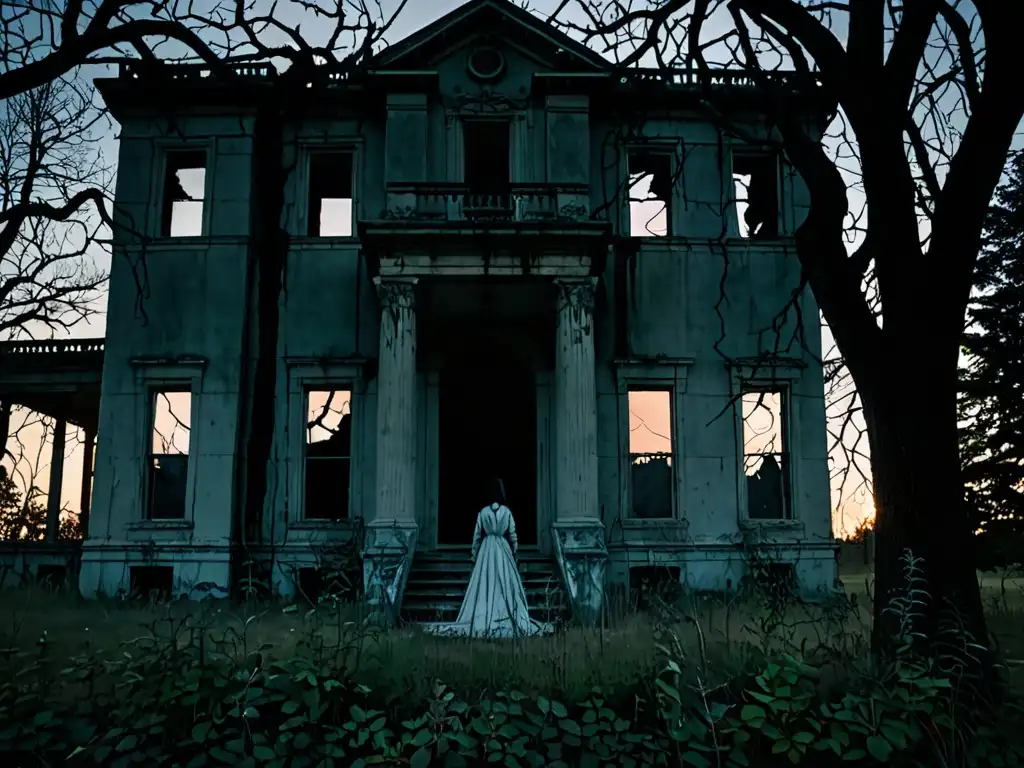 Imagen de un mansión abandonada y cubierta de maleza al atardecer, evocando misterio y las leyendas de apariciones desafiantes