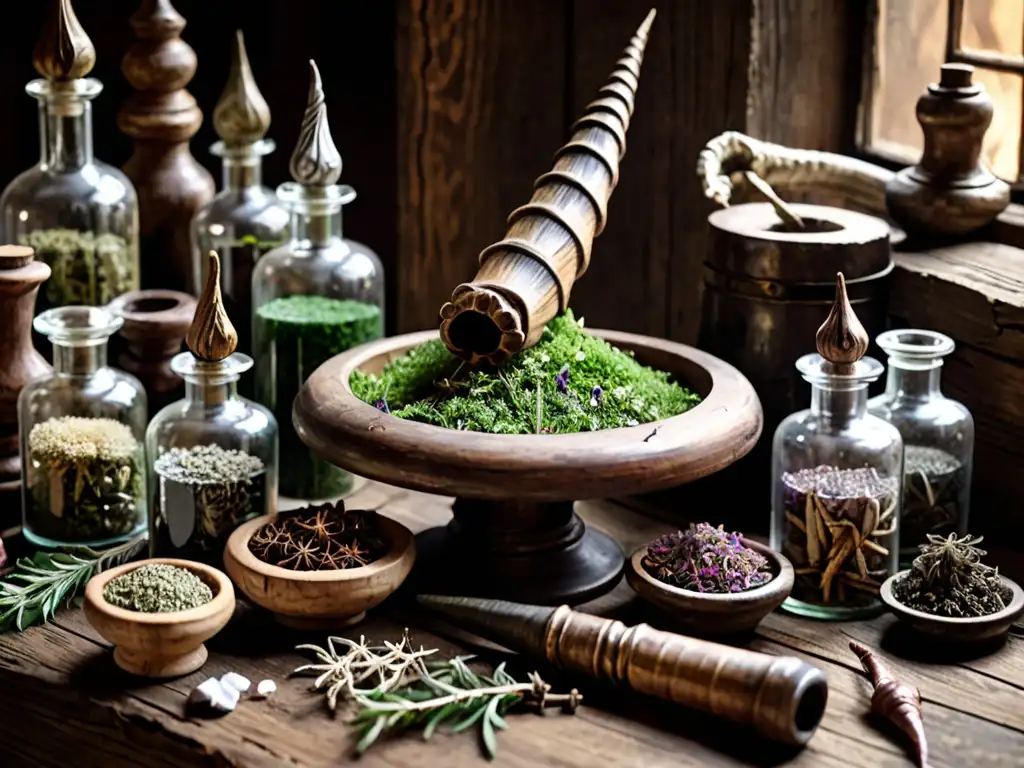 En la imagen se muestra una mesa de boticario medieval con hierbas secas, pociones y un gran cuerno de unicornio