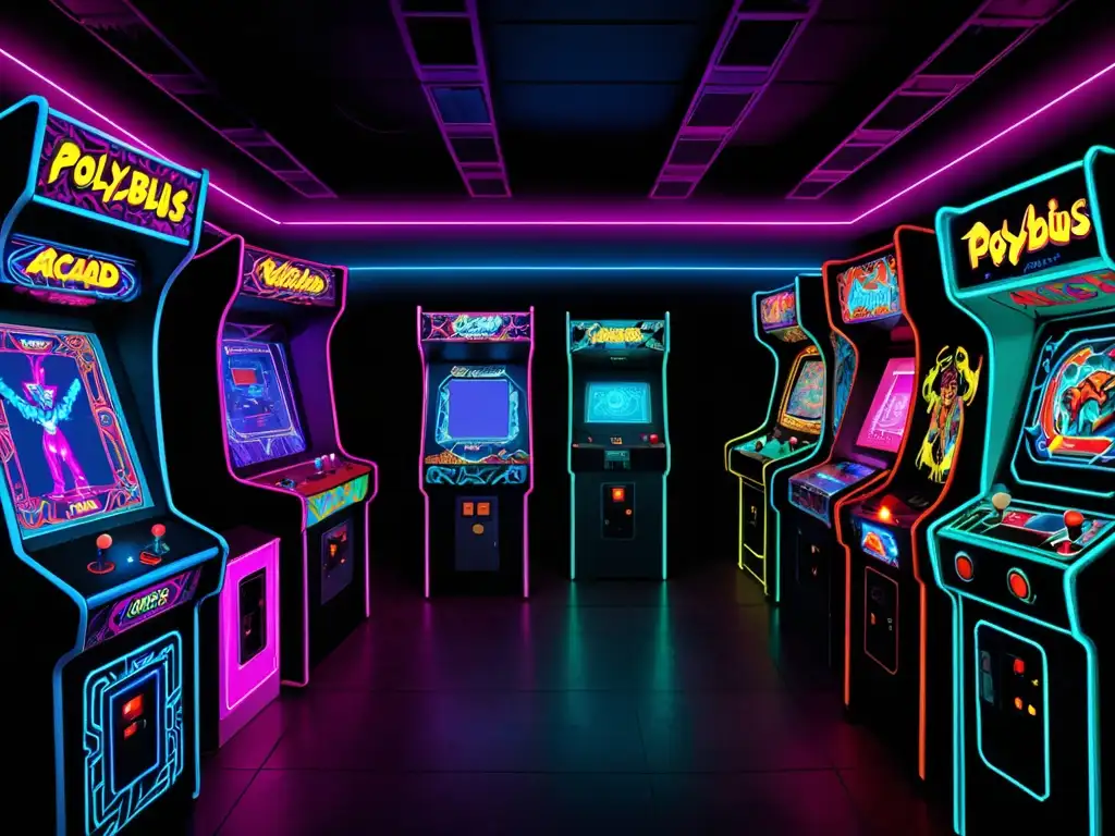Imagen del misterio de Polybius Arcade: sala de juegos de los 80 con luces fluorescentes y jugadores fascinados