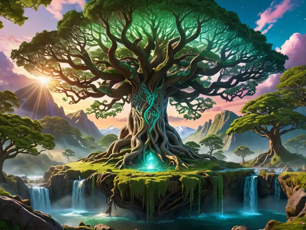 La imagen muestra el mítico Yggdrasil, la cual se alza majestuosa sobre el paisaje nórdico, envuelta en una aura mística y colmada de símbolos rúnicos