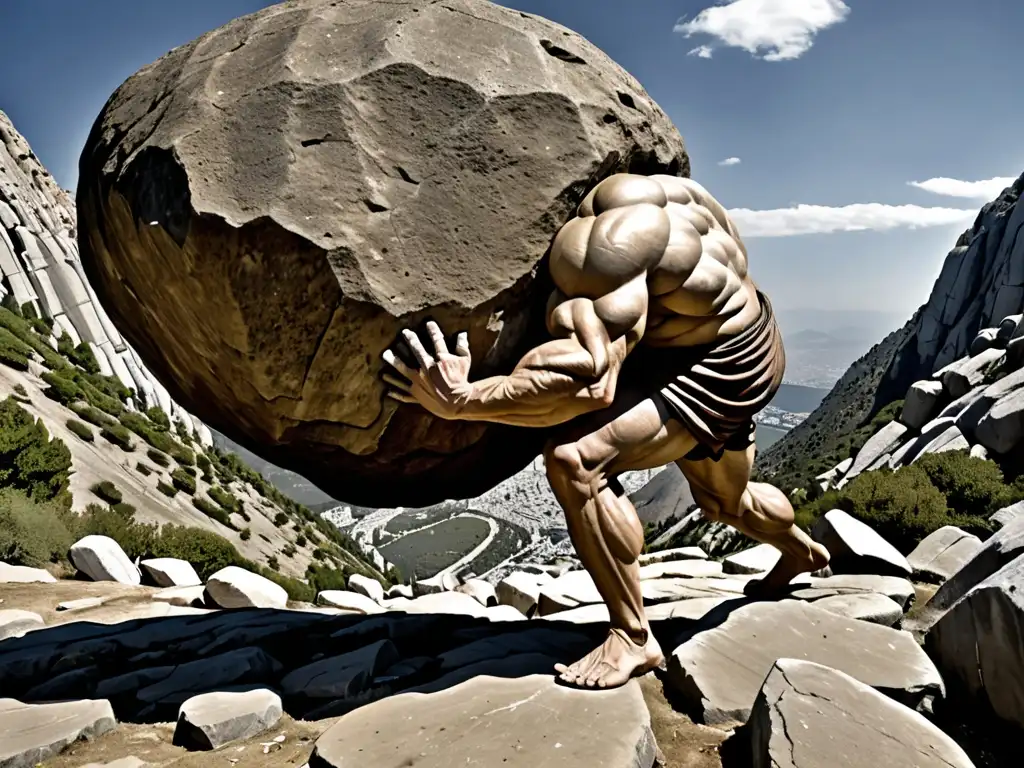 Imagen del mito de Sísifo en Grecia: Sísifo, empujando una enorme roca en terreno escarpado, muestra su lucha eterna y determinación