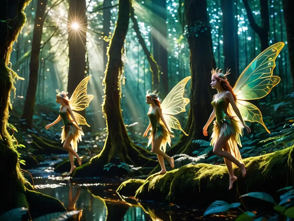 Encantador bosque de hadas con peligro sutil Imagen de mitología de hadas: belleza y peligro se entrelazan en un bosque encantado con seres etéreos de alas iridiscentes