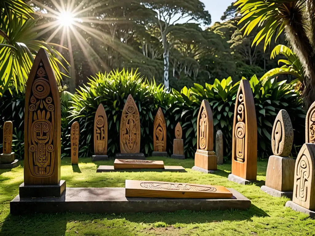 Imagen de mitos funerarios de Nueva Zelanda: sitio de entierro maorí tradicional con marcadores de tumbas tallados y exuberante vegetación