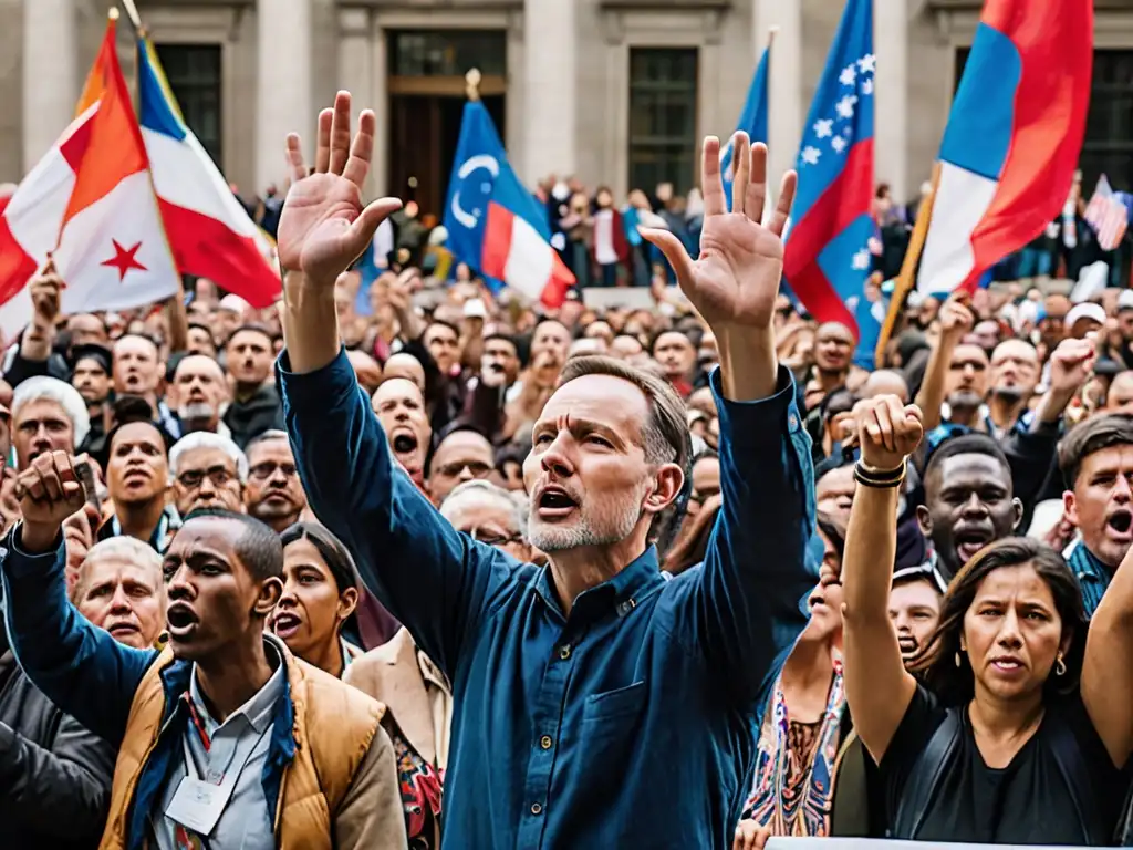 La imagen muestra una multitud escuchando a un líder carismático con expresión fervorosa y gestos dramáticos