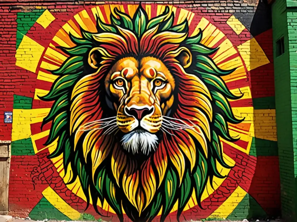 Imagen de mural Rastafari detallado del León de Judá rodeado de colores vibrantes y símbolos culturales, mostrando su significado cultural