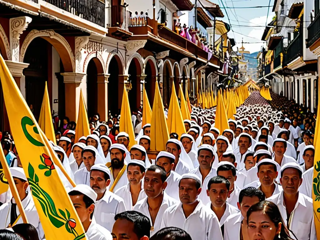 Imagen panorámica de procesión de Semana Santa con multitud vestida en trajes tradicionales, llevando íconos religiosos y pancartas