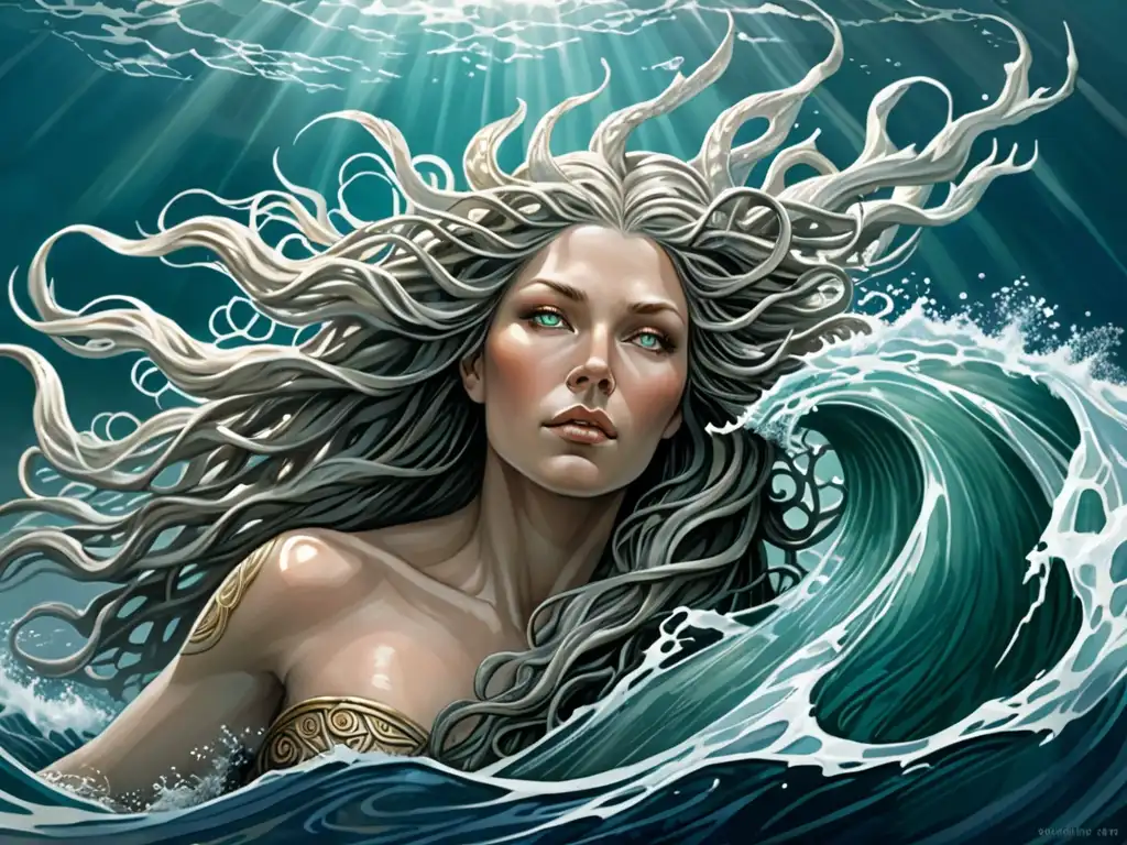 Imagen de los poderosos Dioses del mar en la mitología nórdica, Aegir y Ran, rodeados de misteriosas criaturas marinas y corrientes