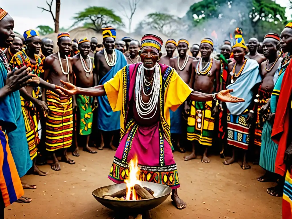 Imagen de prácticas simbólicas en rituales de creación en una aldea africana, con ancianos y comunidad alrededor de una fogata durante ceremonia