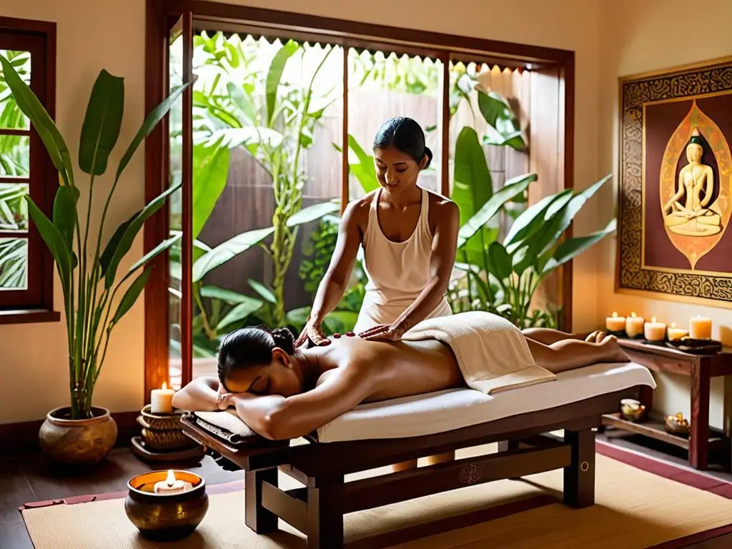Una imagen de un relajante spa ayurvédico con masaje y decoración tradicional, evocando el arte de la longevidad y el rejuvenecimiento en Rasayana