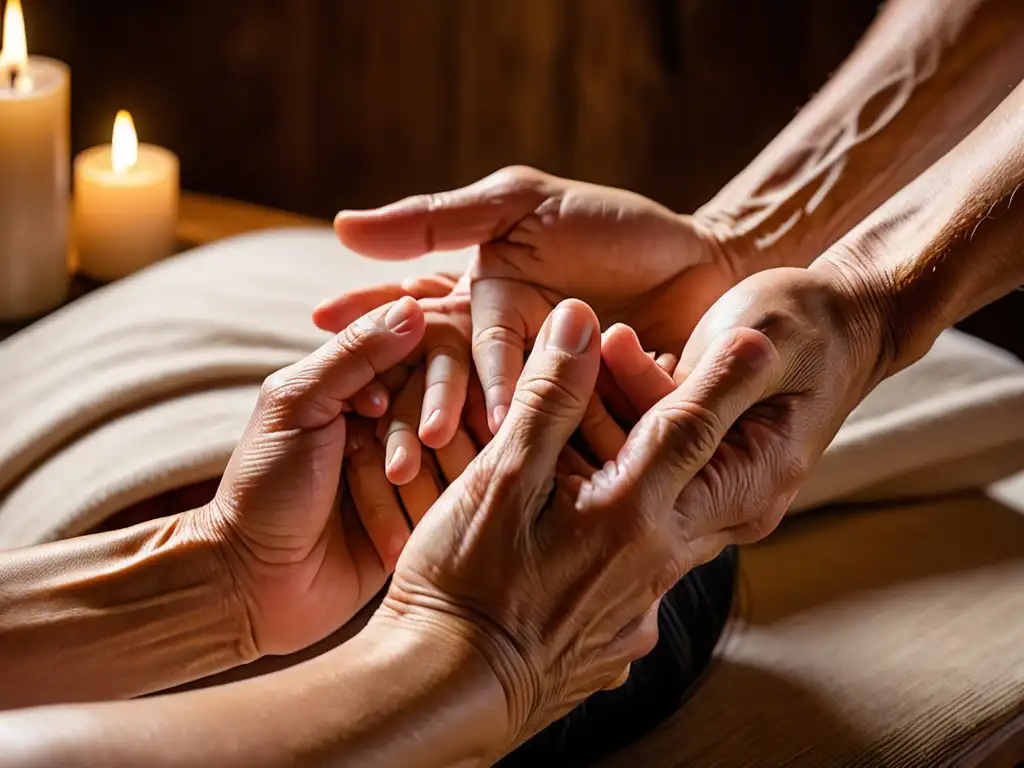 Una imagen de alta resolución muestra las manos de un practicante de Reiki, con una cálida luz iluminando el rostro relajado del receptor