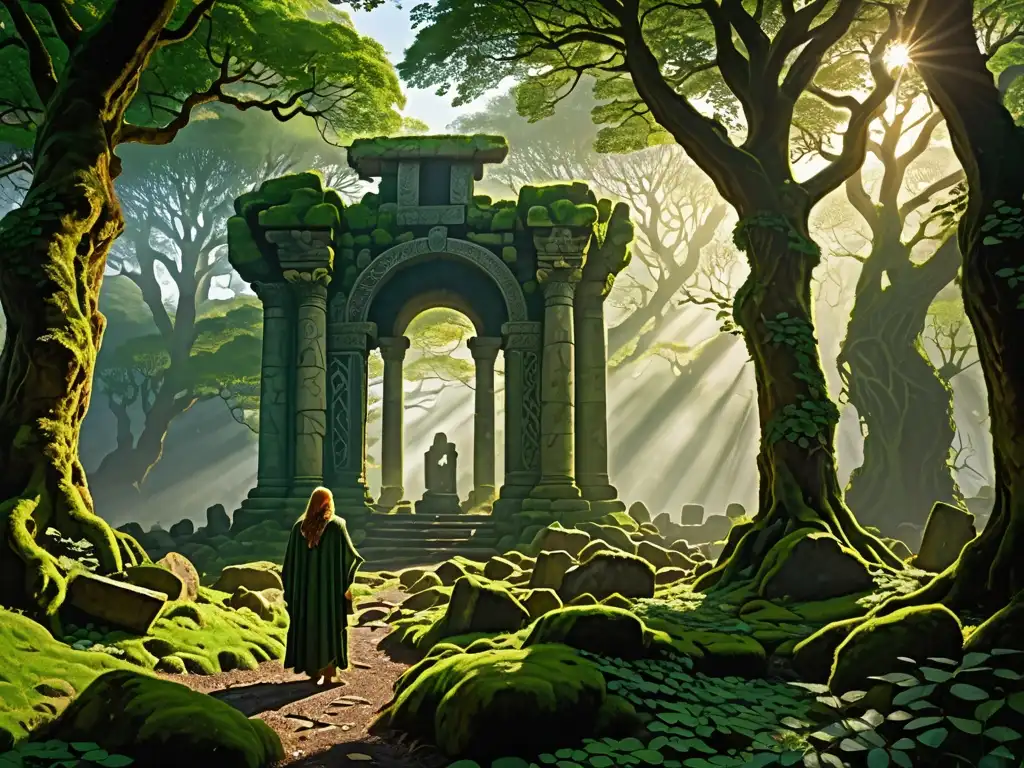 Imagen de alta resolución de un misterioso bosque cubierto de niebla con ruinas celtas, creando una atmósfera de mitos celtas y magia ancestral