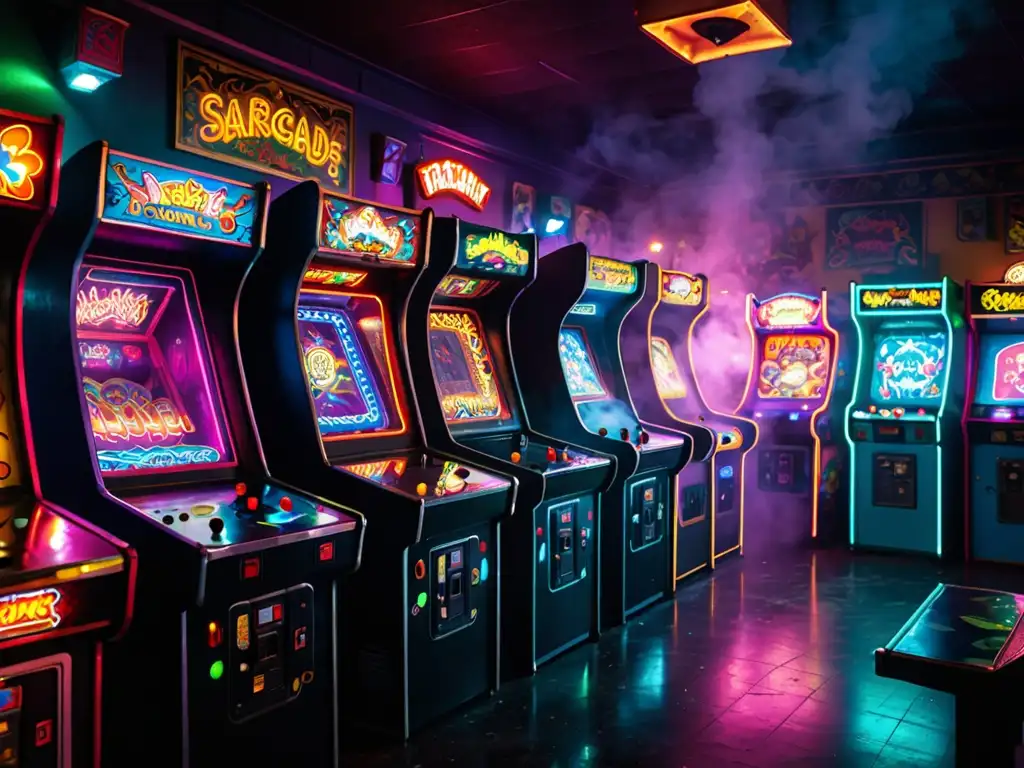 Imagen de sala de arcade con misterio de Polybius, luces hipnóticas, humo denso y figuras en penumbra