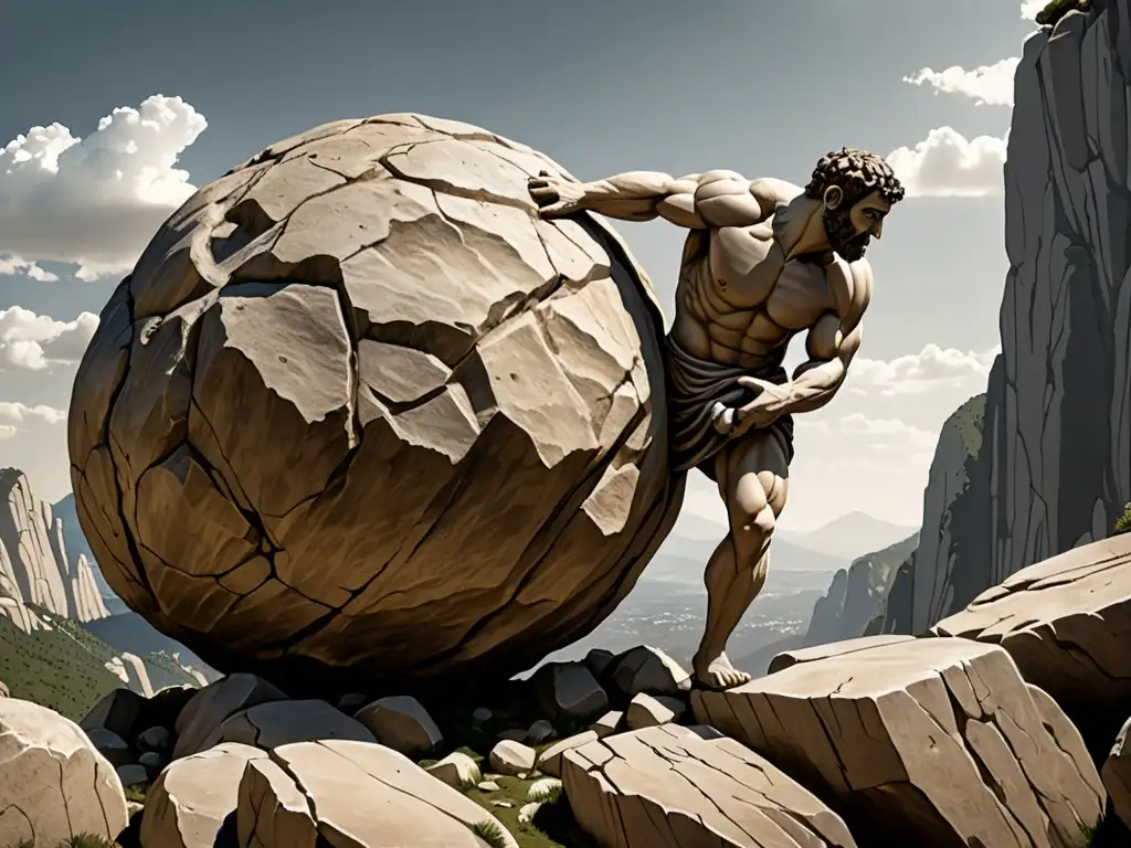 Imagen de Sísifo, el mito de la eterna lucha, empujando la roca en un paisaje montañoso soleado y desafiante en Grecia