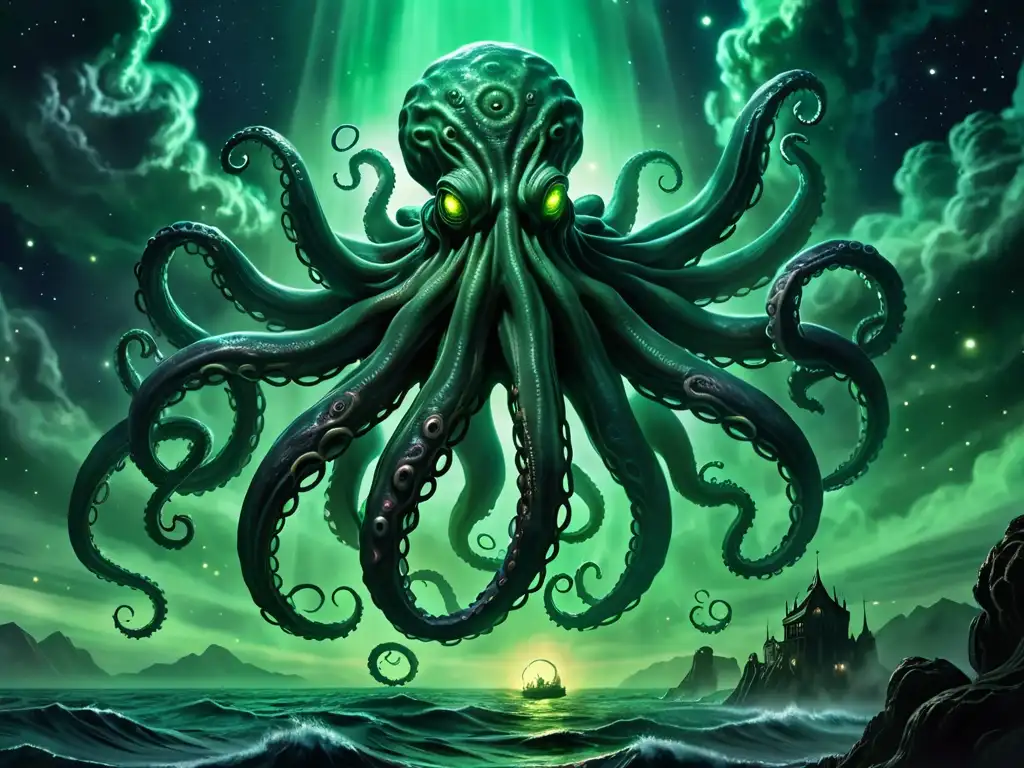 Imagen de terror cósmico con la mitología de Cthulhu: un antiguo ser octópodo con ojos alienígenas, emergiendo de un mar tenebroso
