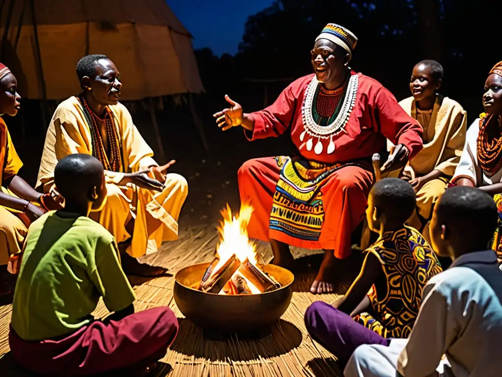 Una imagen vibrante de un narrador tradicional africano cautivando a su audiencia con historias de mitología africana alrededor de una fogata