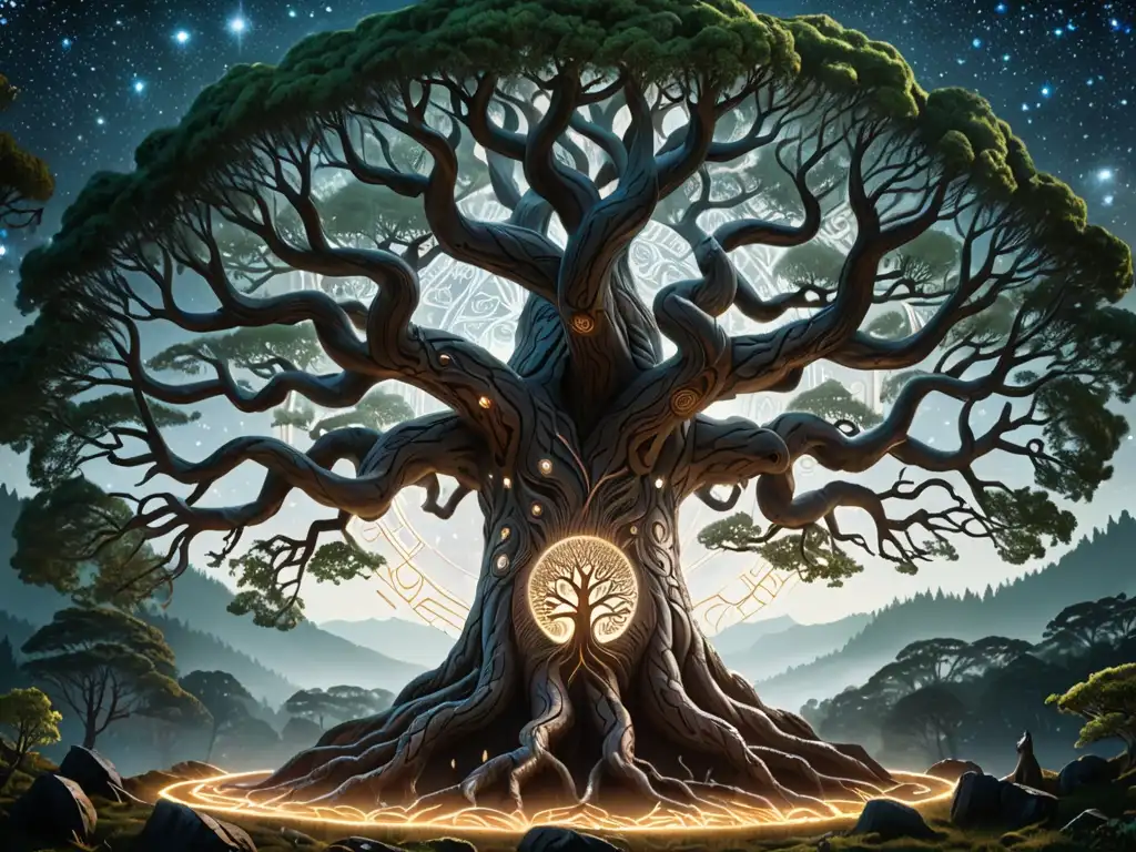 Yggdrasil: Árbol del Mundo en 8k Imagen 8k de Yggdrasil, el Árbol del Mundo, en un bosque antiguo con conexiones cósmicas y misticismo nórdico