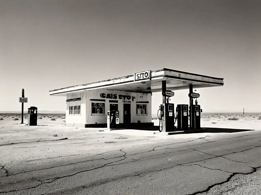Estación de servicio abandonada en la Ruta 66: Última parada fantasmagórica Una impactante fotografía en blanco y negro de una gasolinera abandonada en la Ruta 66, con una atmósfera fantasmal y la palabra clave 'Apariciones viajeros fantasma Ruta 66'